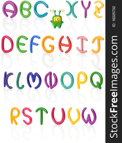 Alphabet in 3/4 view. Colorful hand made and upper case letters with real reflections. Isolated over white. Alphabet in 3/4 view. Colorful hand made and upper case letters with real reflections. Isolated over white