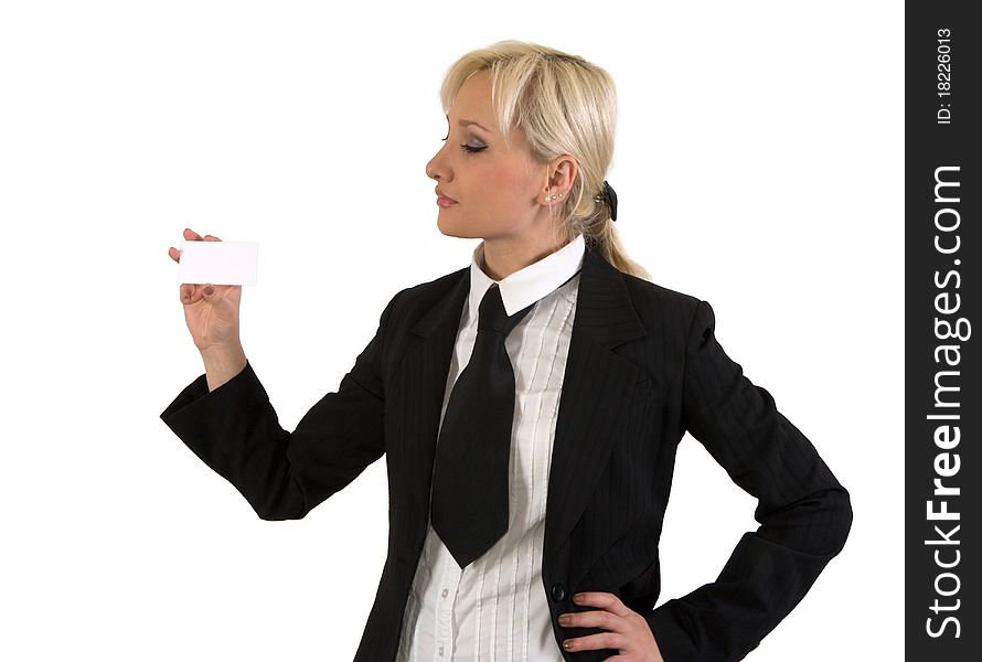 Blonde girl shows a blank card against white background. Blonde girl shows a blank card against white background.