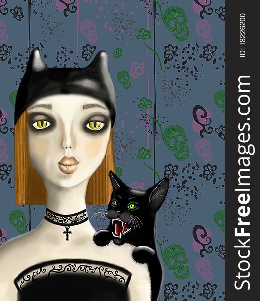 Cartoon gothic girl with cat