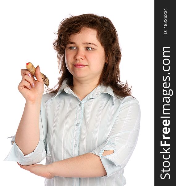 Chubby girl in white shirt with pencil.