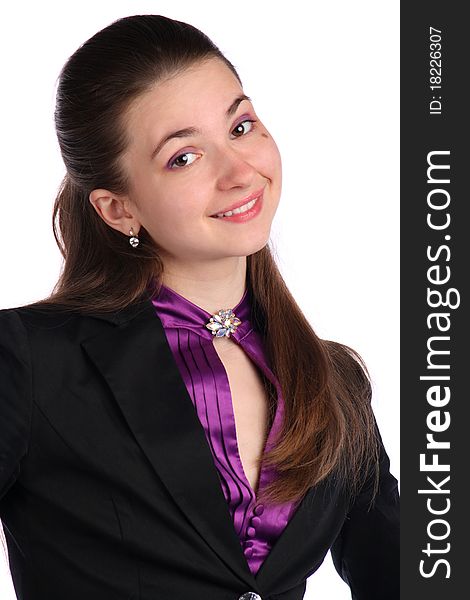 Girl in black suit portrait. Isolated on white.