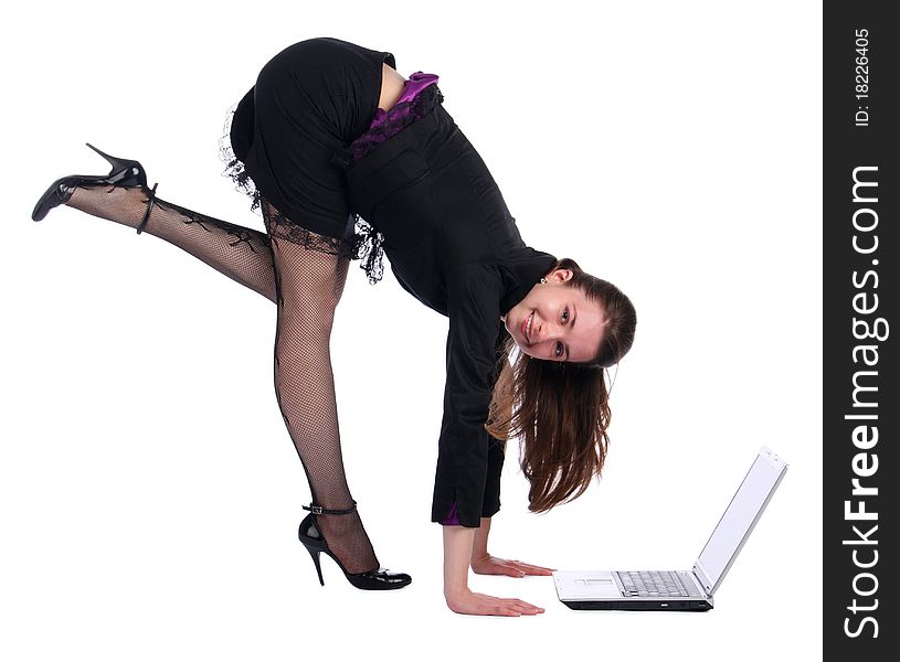 Girl In Black Suit Bend Forward To Notebook.