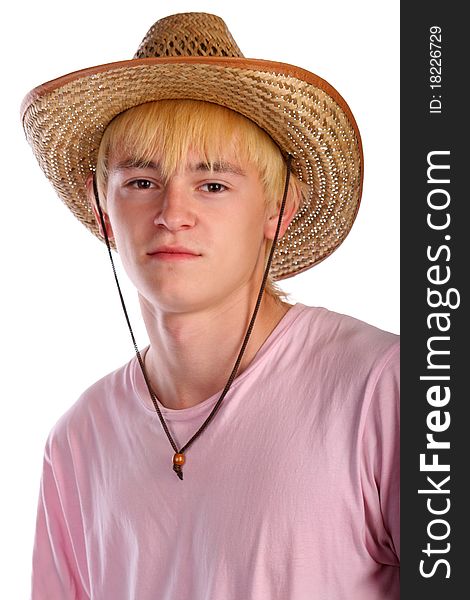 Young man in pink shirt and cowboy hat. Isolated