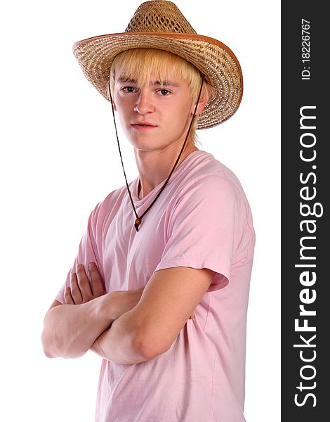 Young Man In Pink Shirt And Cowboy Hat