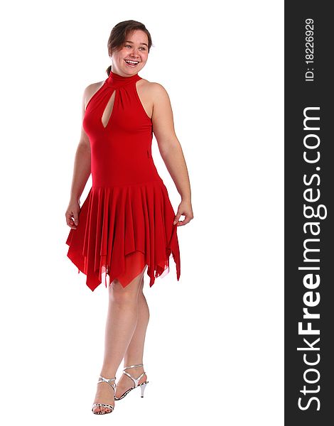 Chubby girl in red dress dancing