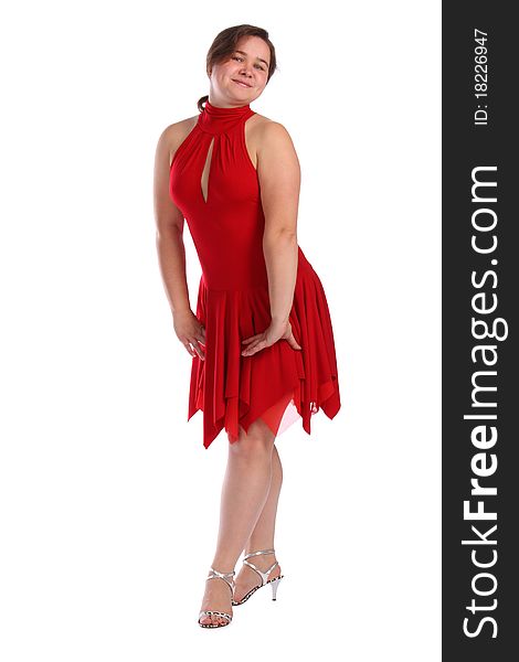 Chubby girl in red dress dancing