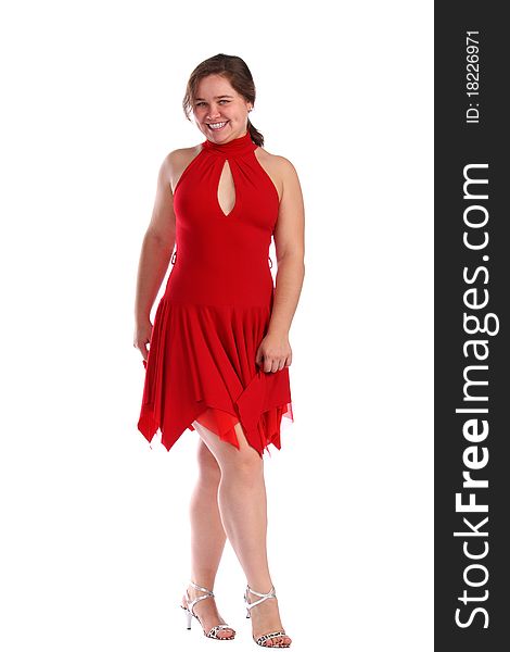 Chubby girl in red dress dancing isolated