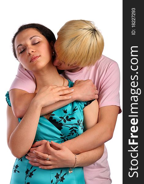 Young man embrace girl from behind