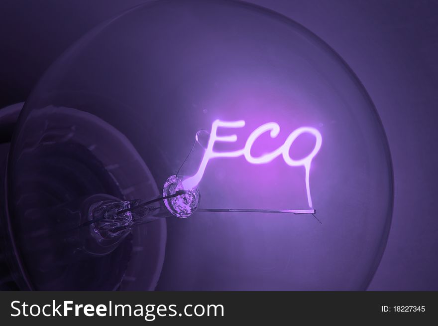 Close up on illuminated purple light bulb filament spelling the word Eco. Close up on illuminated purple light bulb filament spelling the word Eco.