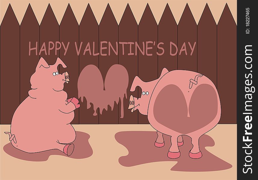 Two pigs sit at a fence.On a fence inscription is with the Valentine's day