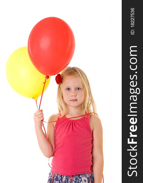 Little girl with baloons isolated on white