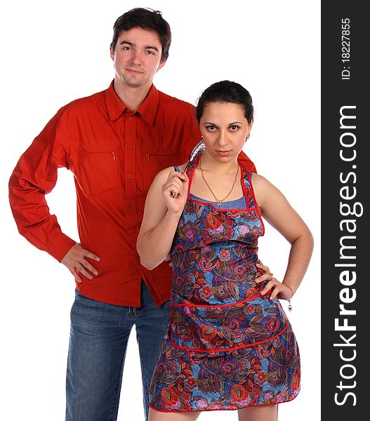 Young couple. Man and housewife. Isolated.