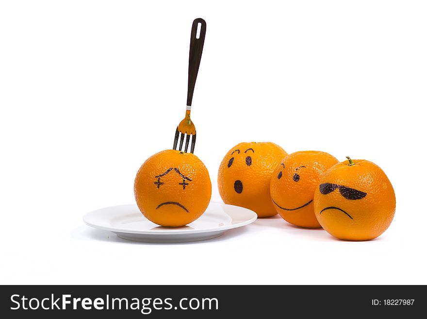 Oranges with a plate with knife and fork. Oranges with a plate with knife and fork