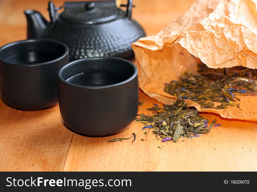 Asian tea set on table,Closeup.