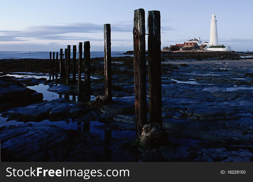 Photo of old wooden groynes with St Mary's Lighthouse in the background at Whitley Bay, North Tyneside, England.
