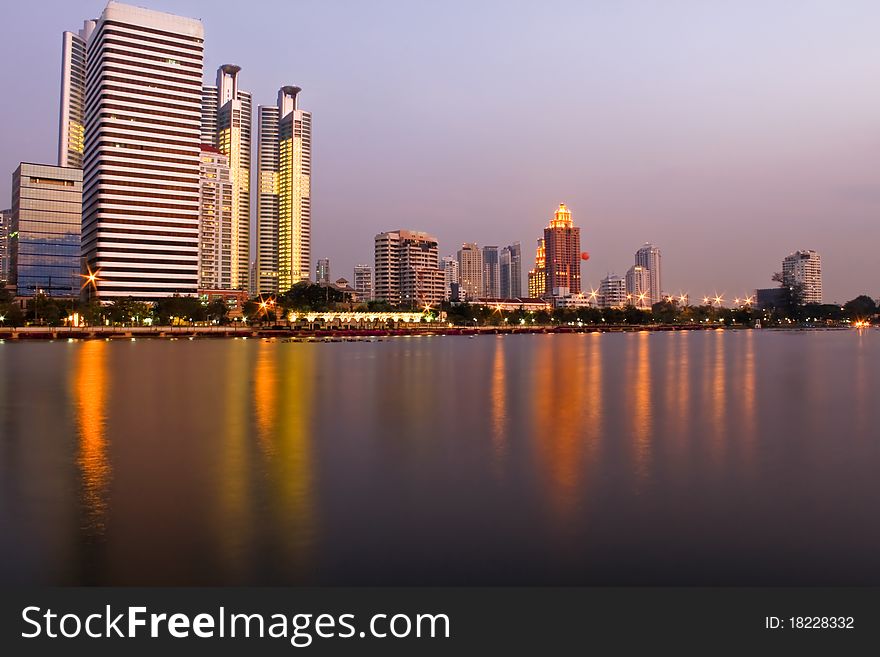 The big building in Bangkok after sunset