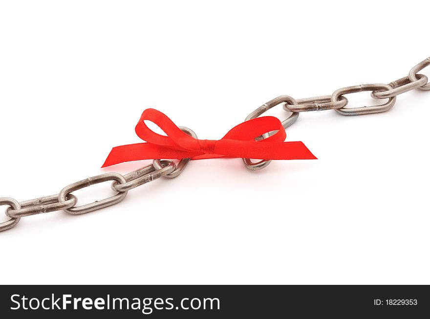 Chain and red bow isolated on white, business concept