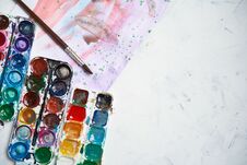 Set Of Watercolor Paints On White Background. Brushes Drawing. Creative Background. School For Teaching Drawing Royalty Free Stock Photo