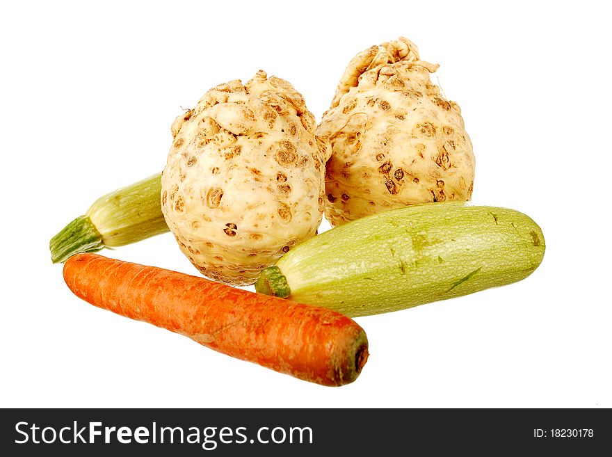 Celery, gourd and carrot on a white background, with clipping path