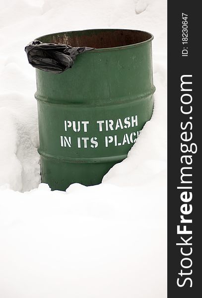 Park Trash Barrel in the Snow