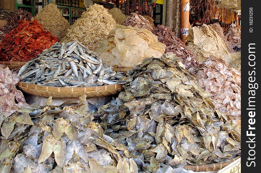 A bunch of dried fish for sale in the public market in the Philippines