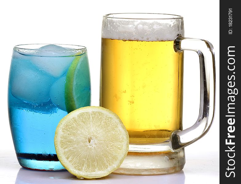 Beer and iceberg drinks isolated on white background.