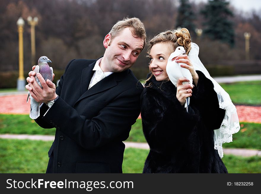 Bride and groom with pigeons on hands on wedding walk