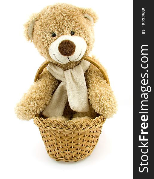 Smiling toy bear is sitting in a small basket. Smiling toy bear is sitting in a small basket