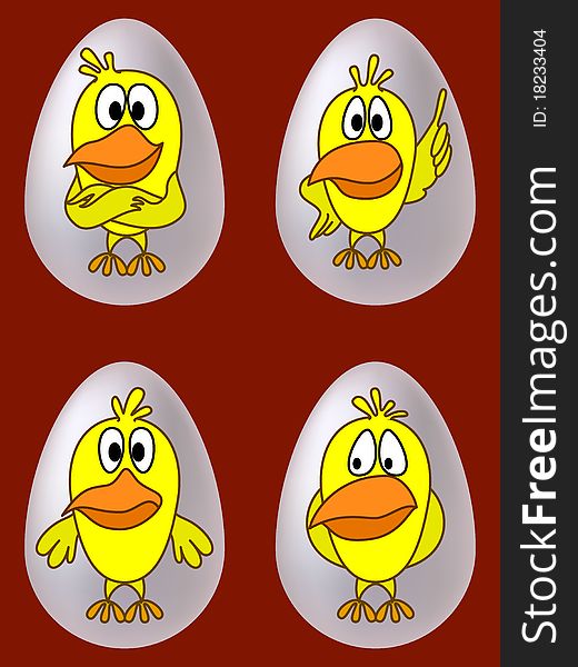 Birds, chickens with different emotions in eggs, set. Birds, chickens with different emotions in eggs, set