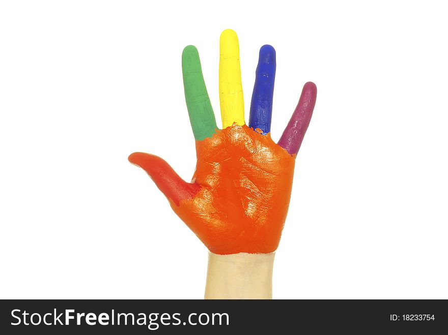 Hands painted in colorful paints on white