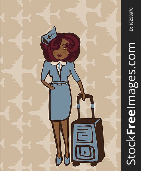 Vector retro illustration of a stewardess holding a flight-bag