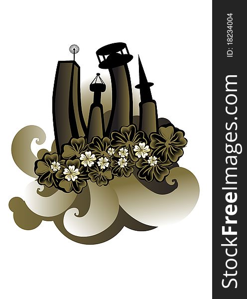 Vector illustration of futuristic city with stylized hibiscus and others floral elements