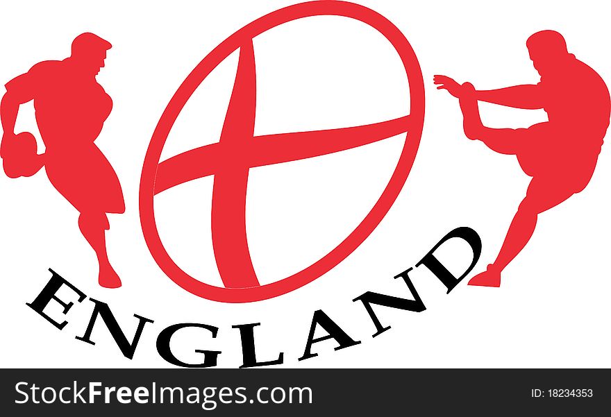 Illustration of a rugby player passing kicking the ball side view set inside oval or ball with English flag and words England. Illustration of a rugby player passing kicking the ball side view set inside oval or ball with English flag and words England