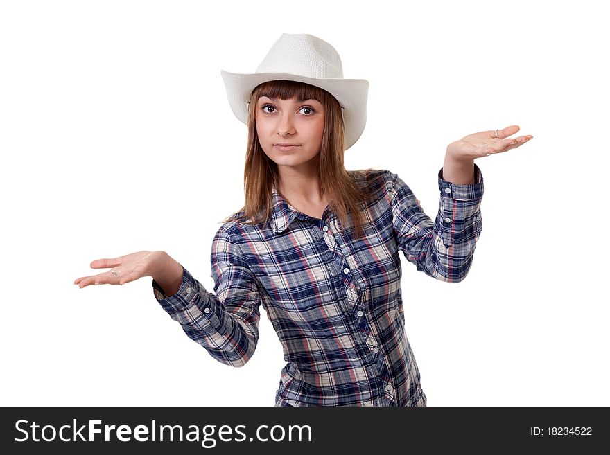 Girl wearing a hat in a plaid shirt with a white background