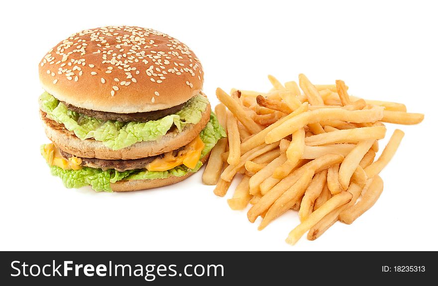 Cheeseburger with fries on a white background