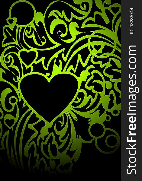 Illustration of green ornament and heart on black