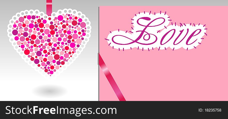 Illustration with pink heart, ribbon and paper
