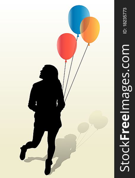 Illustration of girly silhouette and balloons. Illustration of girly silhouette and balloons