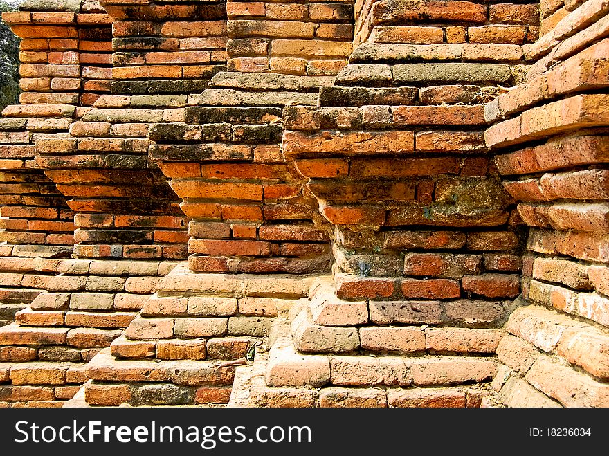 Step of the brick wall decoration in ancient Buddha temple , Asia , Thailand