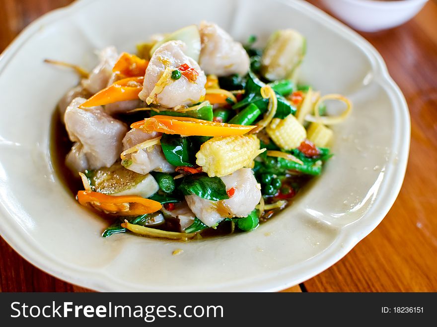 Spicy fish ball fried with vegetables , Asian style food , Thailand