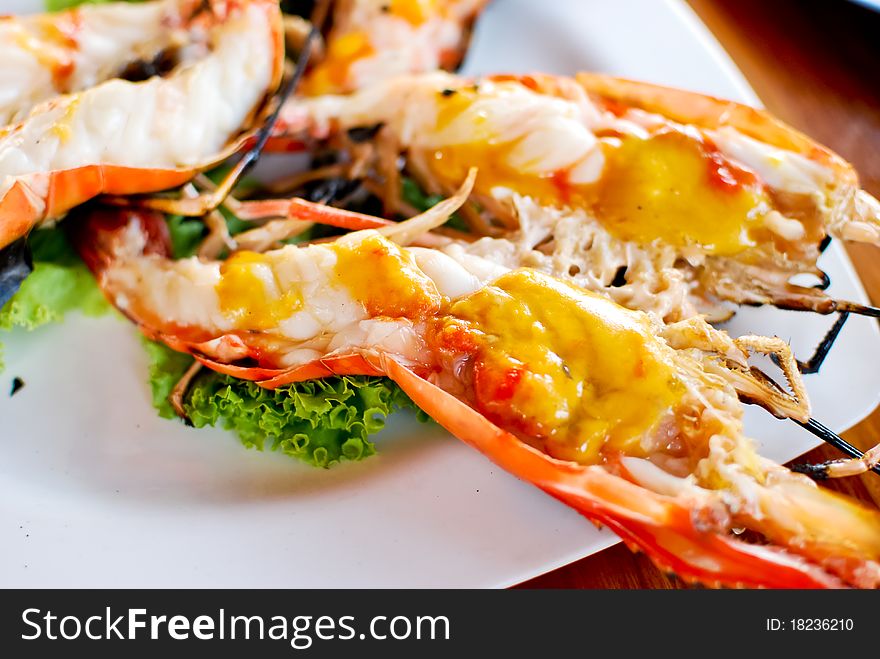 Grilled shrimp with shrimp eggs in the head , closeup , Asian style food , Thailand. Grilled shrimp with shrimp eggs in the head , closeup , Asian style food , Thailand