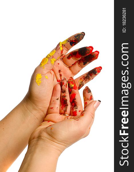 Painter's color hand ower white background isolated