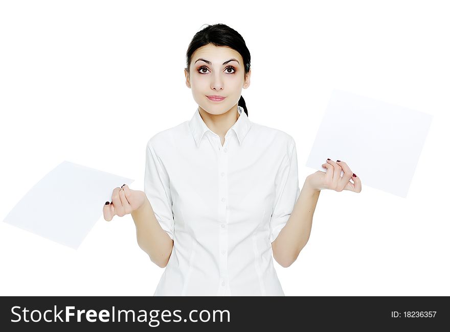 An image of young businesswoman holding sheets of papper. An image of young businesswoman holding sheets of papper