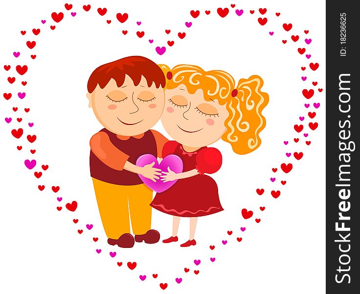 Boy and girl hold heart. Isolated on white. Vector illustration. Boy and girl hold heart. Isolated on white. Vector illustration.