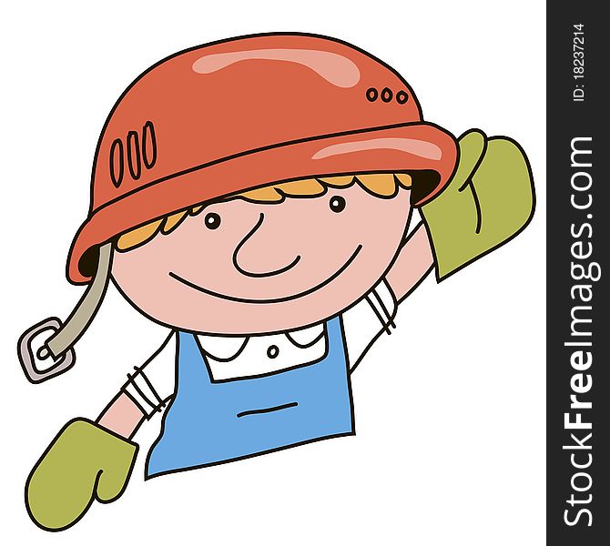 Builder in the helmet and gloves, in work clothes, waving and smiling