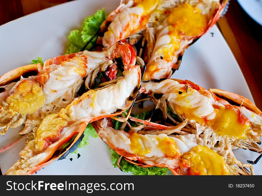 Grilled shrimp with shrimp eggs in the head , closeup , Asian style food , Thailand. Grilled shrimp with shrimp eggs in the head , closeup , Asian style food , Thailand