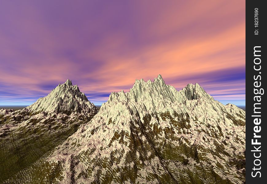 Illustration of high snowy mountains at sundown