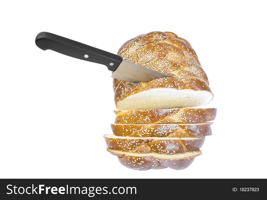Tasty bread slices cutting isolated on white