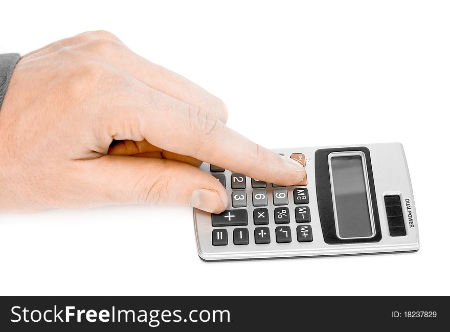 Calculator with hand isolated on white