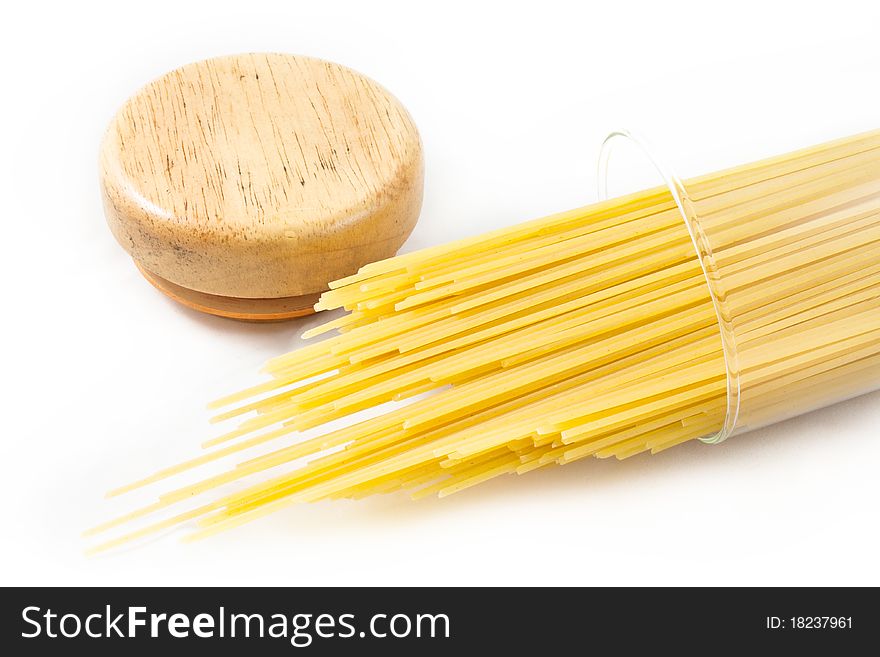 Spaghetti in glass bottle with cork opened